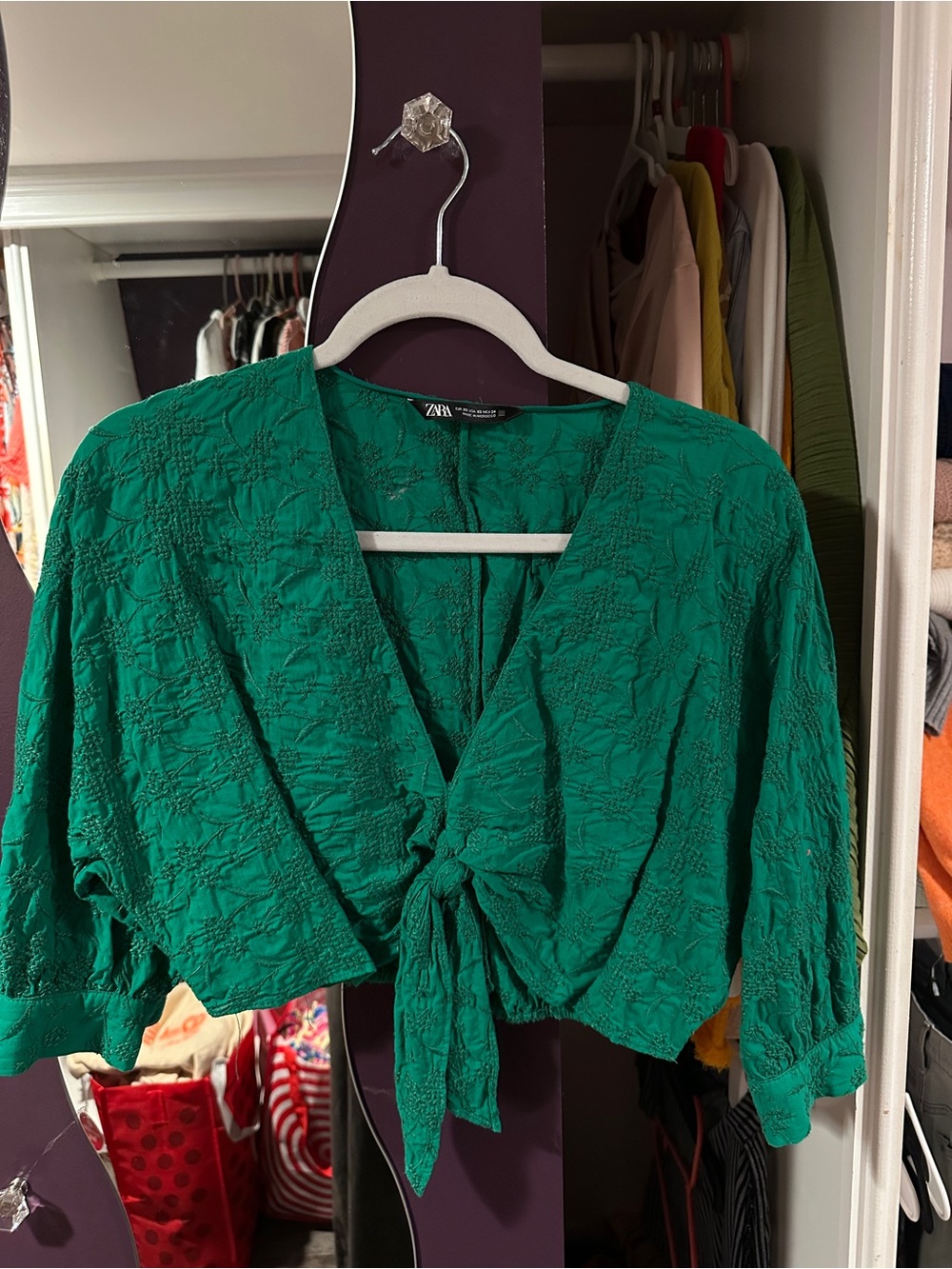 Zara Emerald Green Textured Tie-Front Blouse